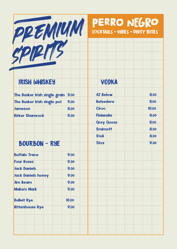 Perro Negro premium spirits menu